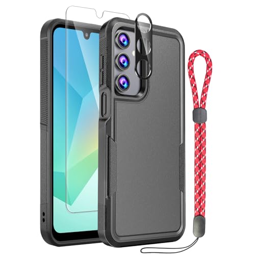 GSDCB for Samsung Galaxy A16 5G Case Samsung A16 5G Case with Tempered Glass Screen Protector Camera Lens Protector, Lanyard Strap, Soft TPU Hard Back Cover Double Layer Phone Case (Black)