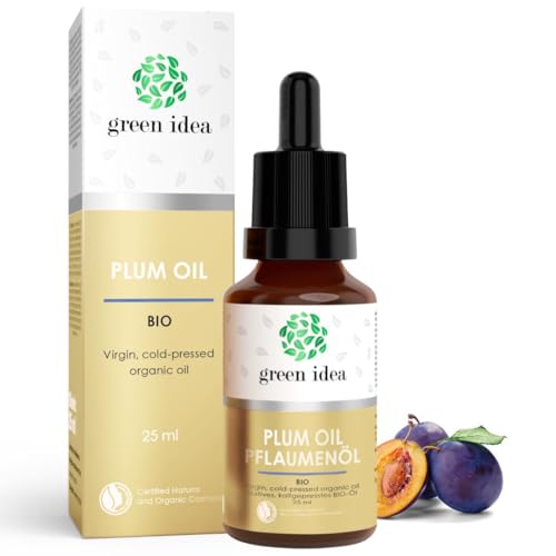 Green Idea Aceite de ciruela orgánico, 100% puro, natural, sin diluir, prensado en frío, para cabello, piel, labios y uñas, certificado NaTrue | Botella de cristal y pipeta de 25 m