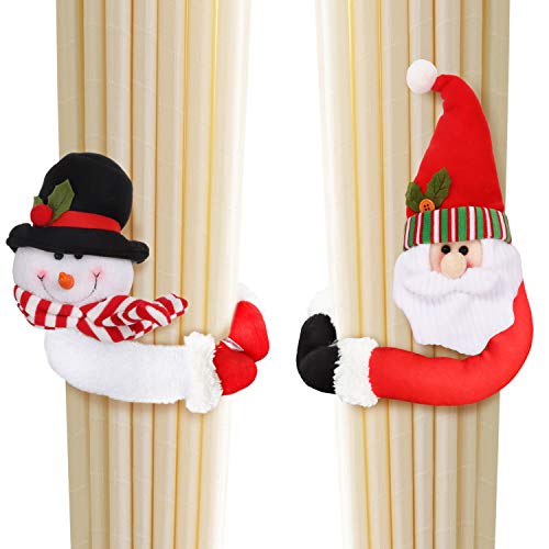 Abrazaderas Cortinas (2 Piezas) Cuerda Cortina Figuritas de Navidad Papá Noel y Muñeco de Nieve Set Adorno de Navidad para Sujetar Cortinas (14 cm) - con Gancho y Bucle para Decoraciones Árbol Navidad