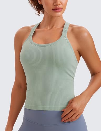 Image of CRZ YOGA Seamless Rib Racerback Tank Tops | Light Support, Built in Bra, Removable Pads, Yoga, Ribbed, High Neck, for Women
