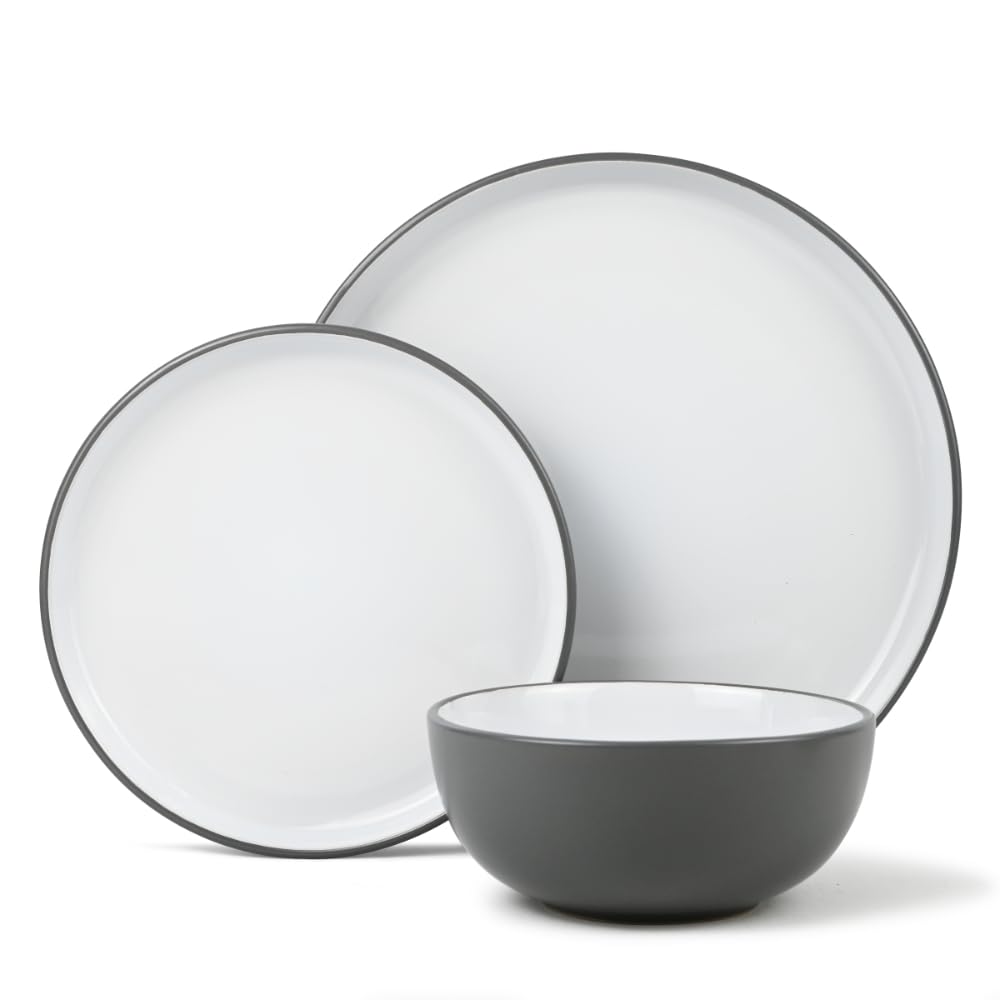Lewis's 12 Piece Stoneware Dinner Set - 2 Tone/Stonewear Dinner Sets / 4X Dinner Plates, 4X Side Plates, 4X Cereal Bowls/Microwave/Dishwasher Safe (Grey)