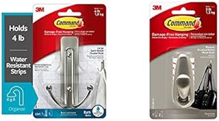 Command BATH36-SN-ES Large Double Bathroom Hook / Towel Hooks, Satin Nickel, Damage-Free & Medium Brushed Nickel Metal Hook