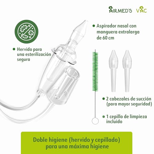 Miniatura 6 de Aspirador Nasal Bebes Airmed S Vac. Clínicamente Probado, Seguro Y Suave. Cuenta Con 2 Cabezales De Succión E Incluye Un Cepillo De Limpieza. Aspirador Nasal. Sacamocos Bebe. Saca Mocos Para Bebes