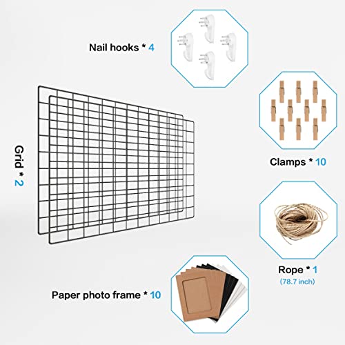 Wall Photo Grid Shelf, Wall Hanging Ins Art Display Grid Panel For Decor & Storage, Metal Wire Notice Boards & Memo Board, Mesh Tool Organiser, Wall Photo Frame 2 Pcs (Black, 25.6 X 17.7 Inches) #TOP2