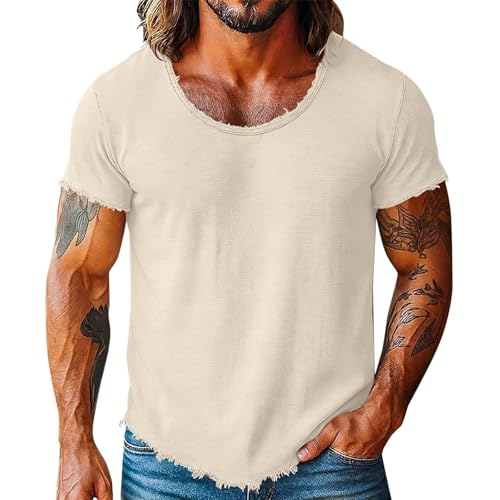 Image of Mens Raw Edge T-Shirt Distressed Hem Short Sleeve Casual Slub Top Beige XL