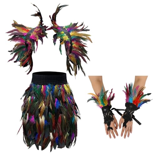 Falda y guantes de hombro con plumas llamativas en traje colorido para juego de rol