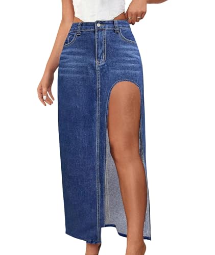 SEMATOMALA Women's Thigh High Split Maxi Denim Skirt High Waisted Cut Out High Low Asymmetrical Jeans Long Skirts