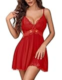 Avidlove Sexy Sleepwear Womens Chemise Nightgown Full Slip Lace Lounge Dress (Red, M)