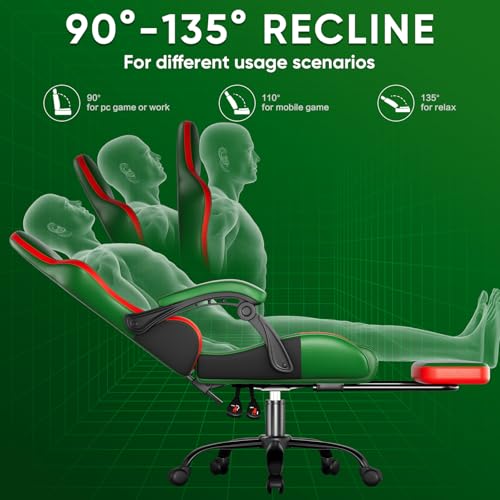 Image of Czlolo Gaming Chair, Lumbar Support Massage Computer Chair, High Back Gamer Chair, with Footrest and Headrest, Lumbar Pillow, Recline, Wide Seat, Gaming Chairs for Christmas /Birthday Gifts, Green