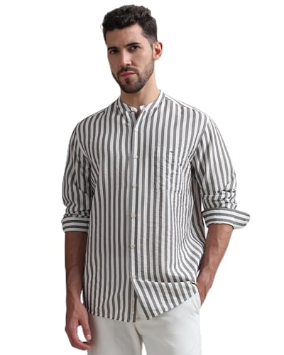 Image of MUFTI Men Shirt | Slim Fit Mandarin Collar Vertical Striped Design | Premium Viscose Nylon Blend & Crinkled Texture for Smart Casual & Weekend Wear