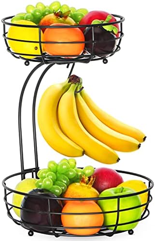 Bextsrack 2-Tier Countertop Fruit Basket Bowl with Banana Hanger, Metal Wire Vegetable Produce Storage Baskets for Kitchen, Fruits Stand Holder Organizer for Bread Snack Veggies, Black