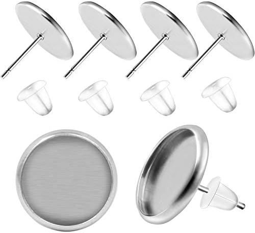BronaGrand 50 Pieces Stainless Steel Stud Silver Earring Cabochon Setting Post Cup for 12mm and 50 Pieces Clear Rubber Earring Safety Backs