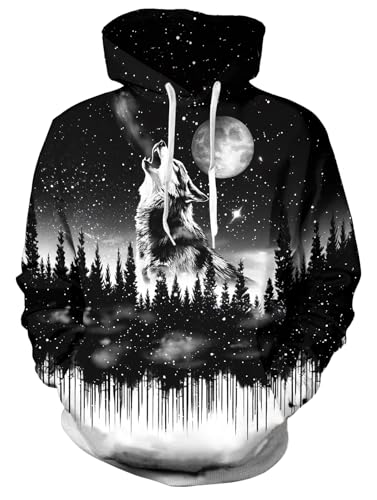 Goodstoworld Mens Wolf Hoodies Boy Black Hoodie Fashion Sweatshirt Guys 3D Funny Graphic Novelty Male Adult Cool Fleece Fall Winter Clothes Outfits