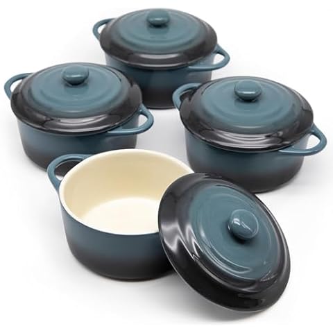 Kook Ceramic Mini Cocotte Set, Small Casserole Dishes with Lids and Handles, Individual Baking Ramekins, Oven, Microwave & Dishwasher Safe, Stoneware, 12 oz, Set of 4 (Stone Ombre) Cover