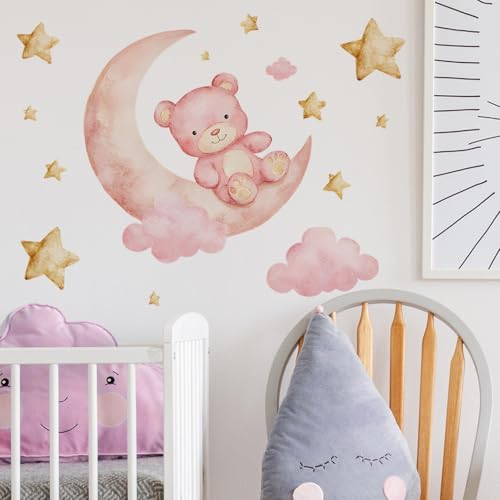 Vinilos decorativos oso rosa y luna con estrellas doradas miniatura 3