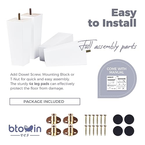 Btowin 8 inch Solid Wood Furniture Legs, 4Pcs Mid-Century Modern Wooden Pyramid Replacement Feet with Threaded 5/16'' Hanger Bolts & Mounting Plate & Screws for Sofa Couch Chair Recliner by Btowin - Used condition - Image 4