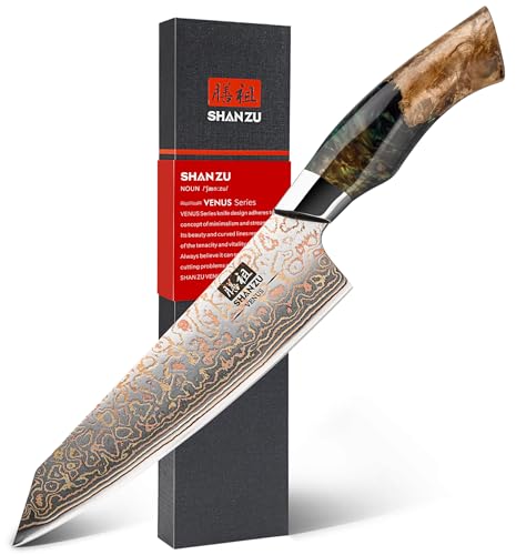 Comparison: Best Damascus Chef Knives 7 SHAN ZU Damascus Chef Knife 8 inch, Japanese Kitchen Knives Copper & Damascus Steel High Carbon 33 Layer Hand Forged Utility Knife Professional Sharp Carving Knife with Maple Wood Handle