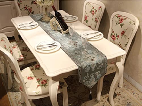 Chemin de table de Noël brodé fleurs bleu clair nappe longue avec pompons 33x250 cm - 3