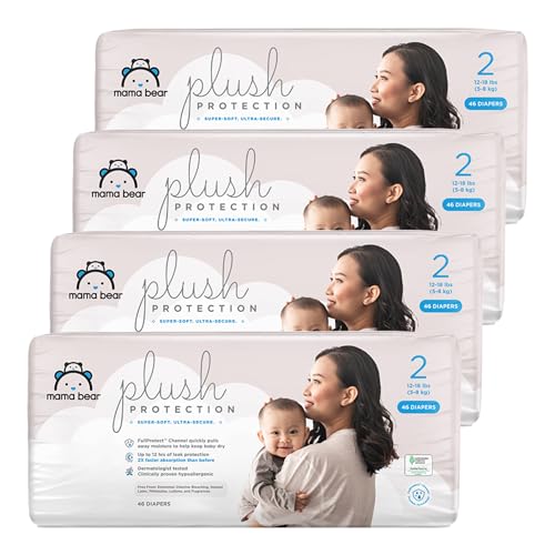 Image of Amazon Brand - Mama Bear Plush Protection Diapers, Hypoallergenic Premium Disposable, Size 2, 184 Count (4-Pack), Chlorine-Free, Fragrance-Free, Wetness Indicator, White and Cloud Dreams