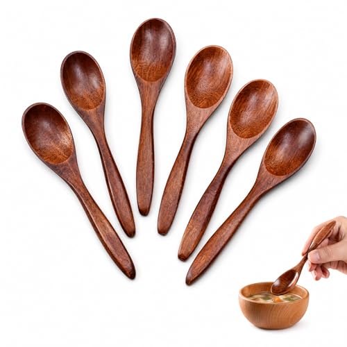 Cuillère à Soupe en Bois de Nanmu 6Pcs, 14cm, Polie à la Main Lisse, Saine et Écologique, pour Cuisine et Manger
