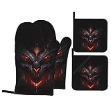 Fire Monsters Oven Mitts and Pot Holders Set of 4, Kitchen Cooking BBQ Heat Resistant Non-Slip Oven