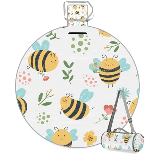 Shimoshe Animal Bee Flower Picnic Outdoor Blanket Foldable Waterproof Sandproof Beach Blanket Portable Water-Resistant Round Picnic Mat for Travel Camping Park Lawn
