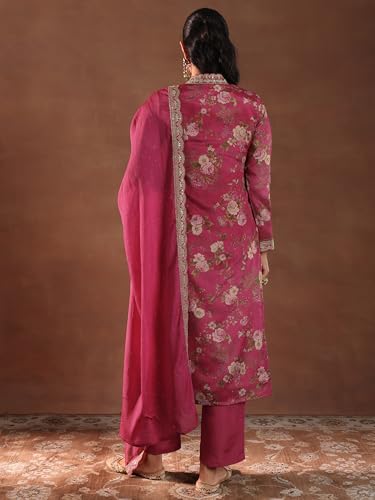 Image of Libas Womens Printed Silk Blend Straight Kurta With Palazzos and Dupatta | daily wear suit
