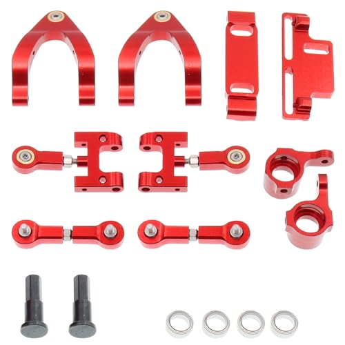 Treehobby Aluminum Upper and Lower Swing Arm & Wheel Hex Adapter & Steering Block & Swing Arm Mount & Steering Cup w/Bearing Set Compatible with 1/10 WPL D12 RC Car Upgrades Parts(Red)