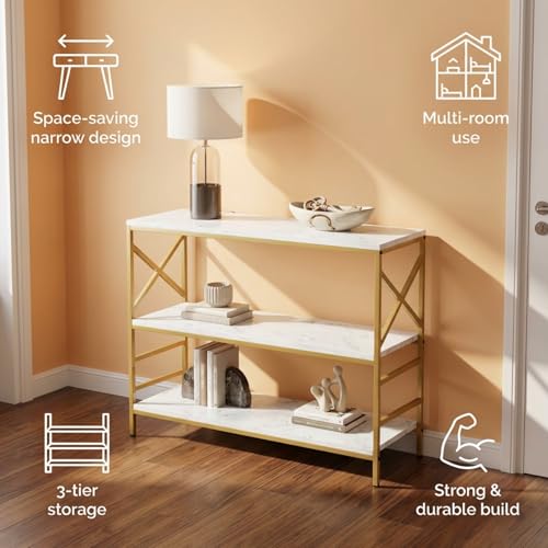 Image of ecofynd 35 Inch 3 Tier Console Table, Metal with Engineered Wooden top for Long Narrow Hallway, Entryway, Living Room, Dining Room, Office, Home Side Table Storage Shelves (WHTGO, CT003)