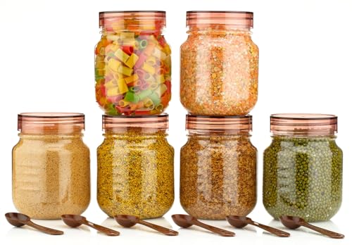 HAPPI Multipurpose Unbreakable Plastic Transparent Storage Containers For Kitchen Airtight Masala Box Dabba Spice, Cereal, Dry Fruits Spice Box 750 Ml With Spoons (Set Of 6 Pcs - Brown)