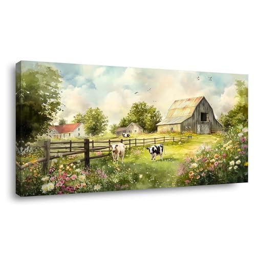 Rustic Farmhouse Barn Canvas Wall Art Vintage Wooden Barn with Cows Countryside Artwork Gallery Wrapped Canvas Painting Print Wall Decor for Living Room Bedroom Bathroom, 40x20 INCH