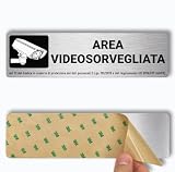 Targa Area videosorvegliata 18cm x 5cm | Spessore 1mm | Alluminio Spazzolato con Adesivo | Cartello Videosorveglianza, Insegna Segnaletica di Sicurezza, Area protetta con Telecamere