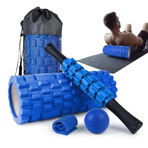 Krightlink 5 in 1 Foam Roller Set for Deep Tissue Muscle Massage, Trigger Point Fitness Patented Exercise Foam Roller, Massage Roller, Massage Ball, Stretching Strap, for Whole Body (Blue)