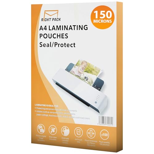 Right Pack Laminating Pouches A4 100 Sheets 150 Micron | A4 Laminating Pouches | Strong & Durable Laminating Pouches | Glossy Laminator Pouches | Laminate Pouches A4 | Flexible Rigidity | Waterproof