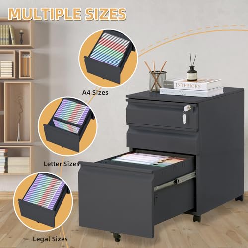 MilleLoom Filing Cabinets for Home Office Organizer, 3 Drawer Mobile File Cabinet with Lock & Anti-Tip Wheel,Under Desk Metal Filing Cabinets ForLetters/Legal/a4 (Un-Assembled) by MilleLoom - Image 3
