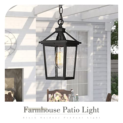 Image of zeyu Farmhouse Outdoor Ceiling Hanging Light, 12 Inch Industrial Pendant Light Fixture for Front Porch, Die-Cast Aluminum in Black Finish with Seeded Glass, ZX58H BK