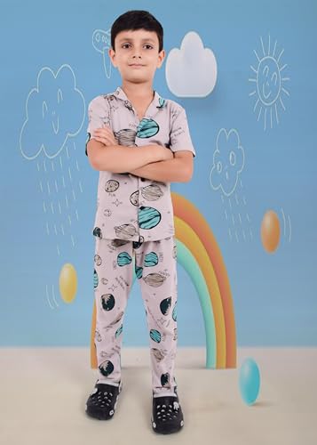Image of 3BROS Unisex Pure Cotton Short Sleeve Kids Night Dress for Boys & Girls Nightwear /Sleepsuit /Sleepwear /Loungewear Night Suit for Boys and Girls Top and Pyjama Combo Set | JB20HS6031-Parent