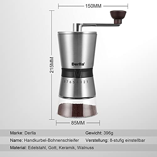 Derlla Kaffeemühle, Edelstahl-Kaffeemühle, Manuelle Kaffeemühle, Espressomühle, Verstellbarer Mahlgrad - Handmühle aus… – Bild 7