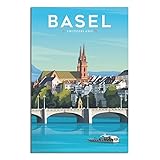 FONNIQ Schweiz Basel Vintage-Reiseposter, Brücke, Stadt, 