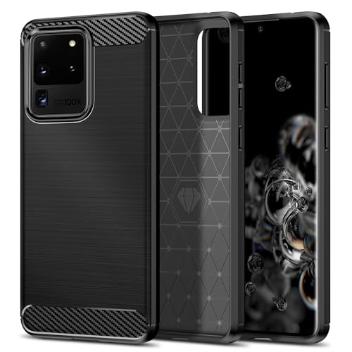 Qiinogow Case Compatible with Samsung Galaxy S20 Ultra 5G, Slim Fit Phone Cover with Shock-Absorption, Carbon Fiber TPU Rubber Protective Case, Black