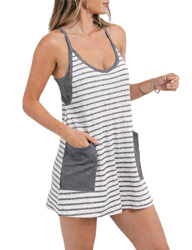 Image of Womens Athletic Sundress with Built-in Shorts Golf Tennis Romper | Sleeveless Mini Spaghetti Strap dress Functional side pockets tummy-friendly fit casual beach vacation