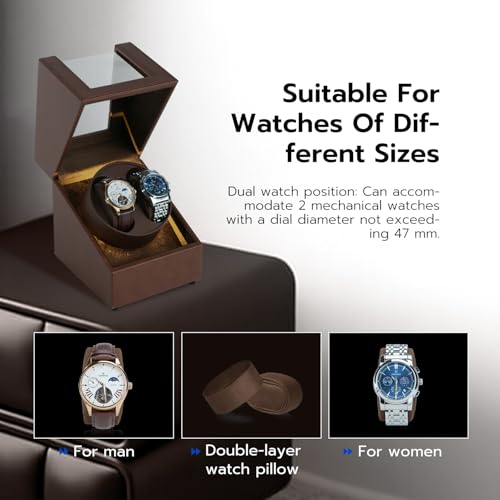 Mcbazel Watch Winder with Led Light, Dual Watch Winder Box for Automatic Watches, Ultra-Quiet Motor, 5 Rotation Modes, Gifts for Men, Beloved, Women - Brown