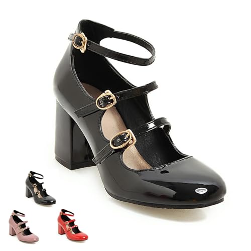 Women's Mary Janes Chunky High Heels Pumps,Vintage Patent Leather Adjustable Triple Strap Buckle Comfort Round Toe Closed Toe Sweet Office Wedding Party Dress Shoes