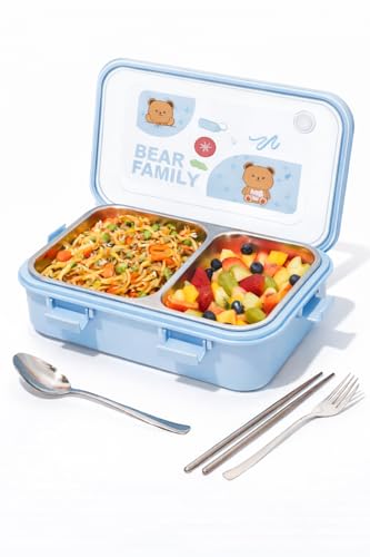 Brand Conquer Lunch Box Leak-Proof BPA Free Stainless Steel for School, Lunch Box for School & Office with a Fork, a Spoon and a Pair of Chopsticks (Blue, Bear Family 2 Compartment)