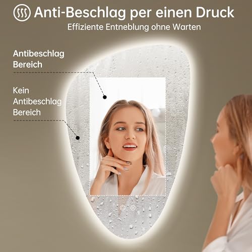 OUMUSU Spiegel mit Beleuchtung Asymmetrischer LED Badspiegel 50 x 78 cm mit Touch-Schalter, Dimmbar 3 Lichtfarbe Einstellbare, Beschlagfrei Badezimmerspiegel mit Beleuchtung, Bruchsicher 3
