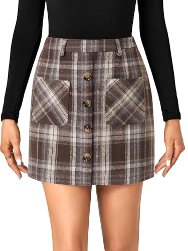LYANER Women's Fall Winter Plaid Mini Skirt High Waist Button Zipper Bodycon Pencil Short Skirts with Pockets2