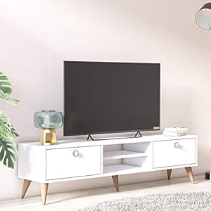 Dmora Meuble TV de salon avec deux portes et deux compartiments centraux, 152 x 35 x 40 cm, coloris blanc