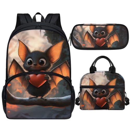 Fuojuvelie Bat Backpack and Lunch Box Set Boys 3PCS Backpack 4-6 Years Old Red Heart Girls School Bag for Preschool Kids 2nd Grade for Back to School