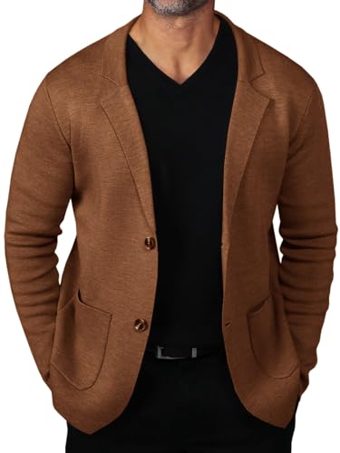 Mens Cardigan Sweater Knit Blazer Suit Jacket Casual Two Button Lightweight Sport Coat with Pockets