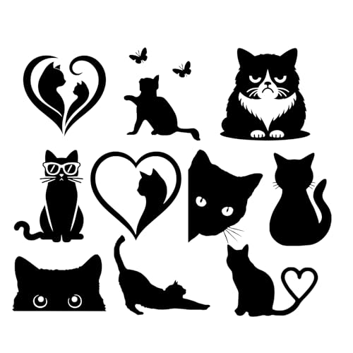 11 Cat Feline Pet Silhouette Cute Stickers - Waterproof Decals - Scrapbooking, Cars, Water Bottles, Laptops, Fun Gifts (Black, Small Pack (8cm/3.1"))